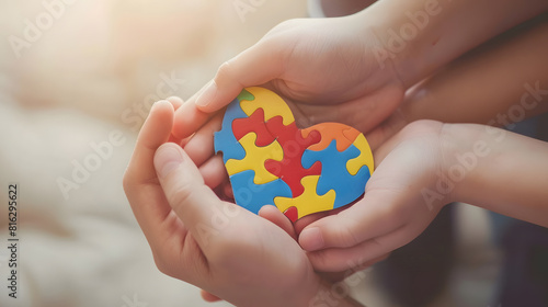 Wallpaper Mural Adult and chiild hands holding jigsaw puzzle heart shape Autism awareness Autism spectrum disorder family support concept World Autism Awareness Day : Generative AI Torontodigital.ca