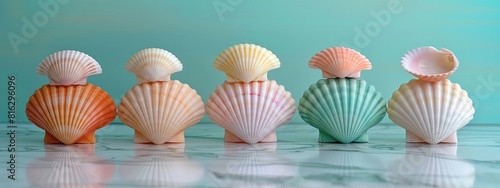 Shells lined up in a row on a marble surface with blurred background.