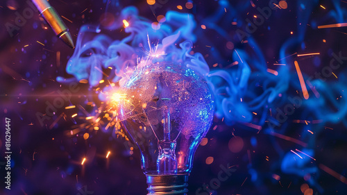 High speed studio photography, moment of the impact of a bullet on a classic electric bulb. Detail of glass explosion, blue and purple lighting. Concept of obsolete energy.