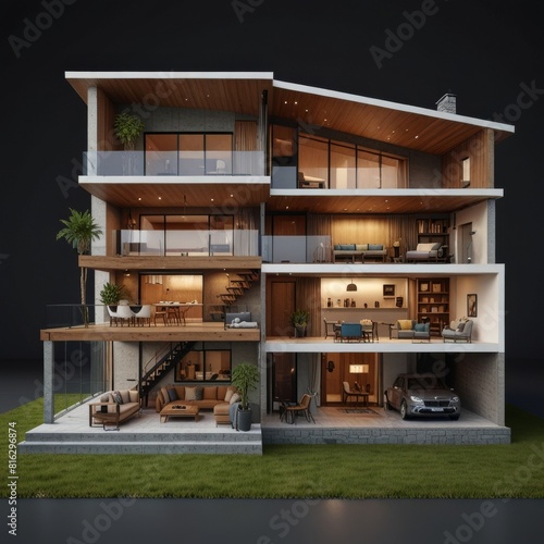 Modern home cross section  3d rendering minimalist