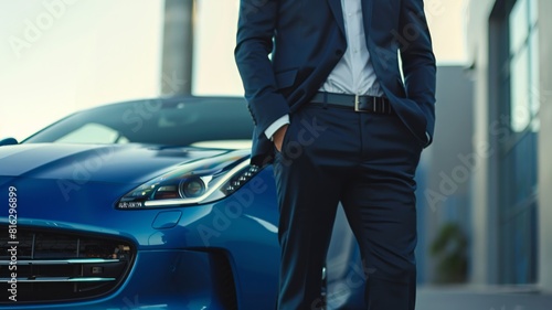 Man in suit with hands in pockets in front blue generic unbranded luxury sport car in modern parking lot photo