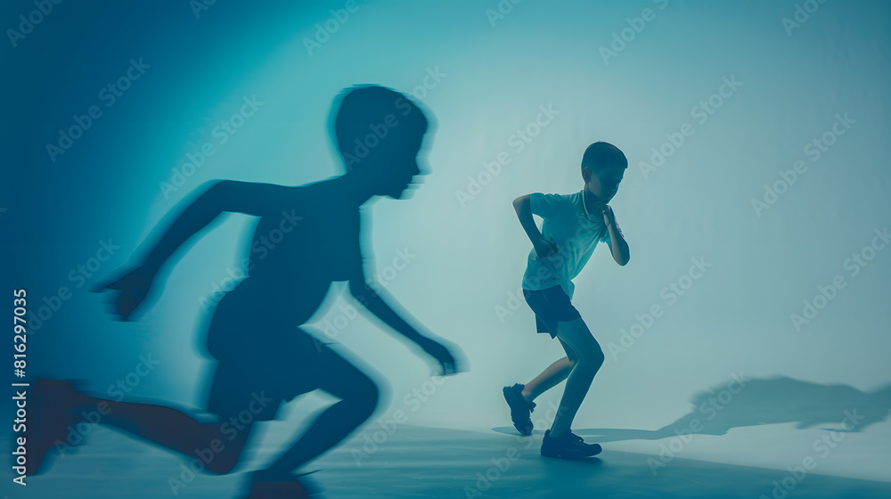 Childhood and dream about big and famous future Conceptual image with boy and shadow of sportive male runner champion on blue background Childhood dreams imagination education concept : Generative AI Childhood and dream about big and famous future Conceptual image with boy and shadow of sportive male runner champion on blue background Childhood dreams imagination education concept : Generative AI