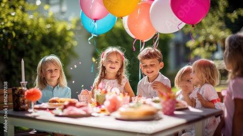A group of children are sitting around a table in a garden. There are balloons and streamers. The children are eating and drinking. They are happy and smiling. AIG51A.
