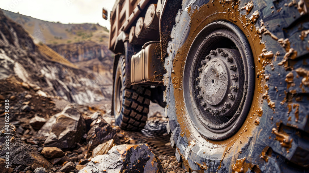 Close-Up of Truck's Sturdy Tires on Rugged Terrain Close-Up of Truck's Sturdy Tires on Rugged Terrain
