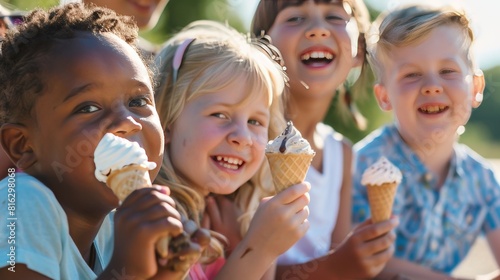 A cheerful group of four children, boys and girls of various ethnicities, savoring ice cream cones on a bright and sunny afternoon