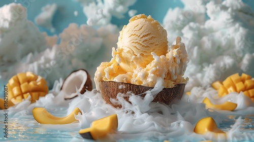 Fresh presentation of Coconut mango ice cream, food studio photography