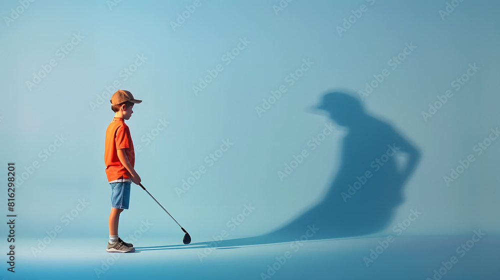 Fototapeta premium Childhood and dream about big and famous future Conceptual image with boy and drawned shadow of sportive male golf player on blue background Childhood dreams imagination education conc : Generative AI