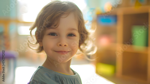 Happy and beautiful short hair preschool age girl enjoying different indoors children activities at a retreat while in remission from pediatric chemotherapy treatments : Generative AI