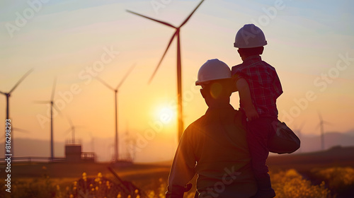 Silhouette of father and son with clipping path in hard hat Happy dad carrying son on shoulders checking project at wind farm site on sunset in evening time : Generative AI