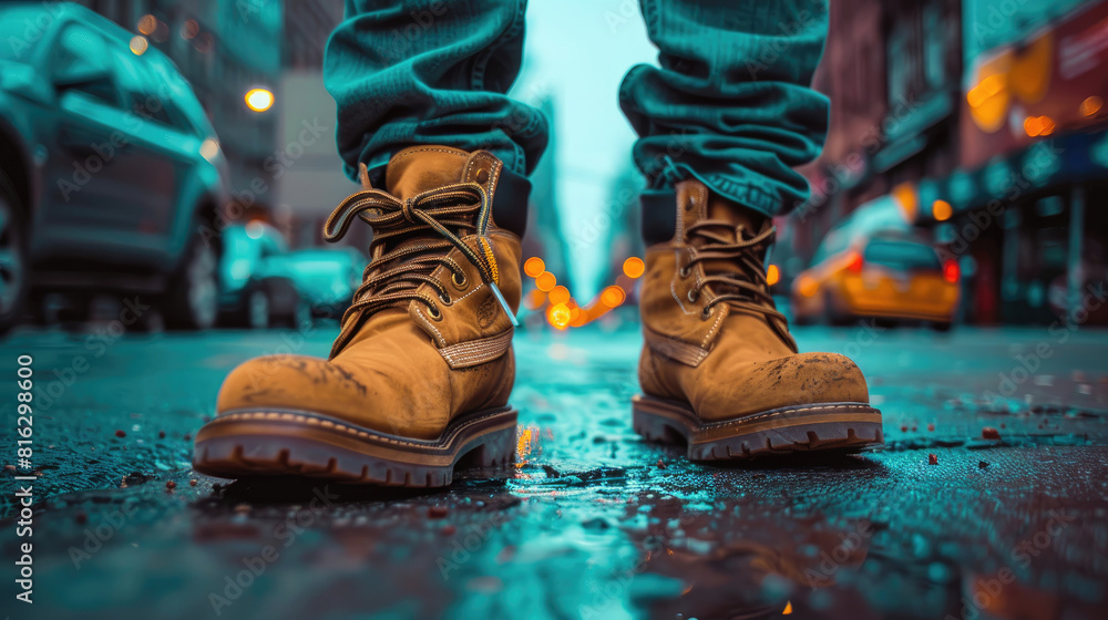Person in Shoes Standing on City Sidewalk Person in Shoes Standing on City Sidewalk