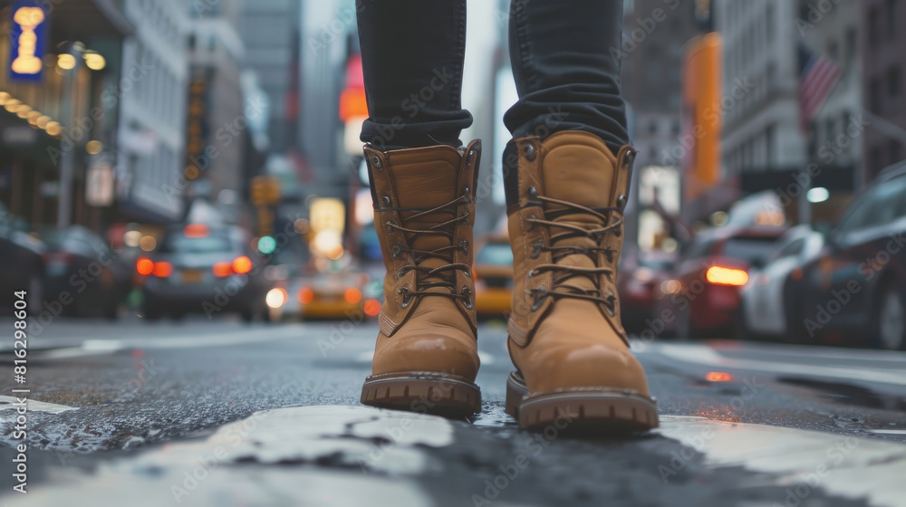 Fototapeta premium Person in Shoes Standing on City Sidewalk