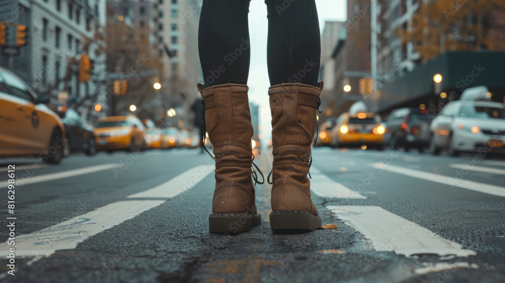 Person in Shoes Standing on City Sidewalk