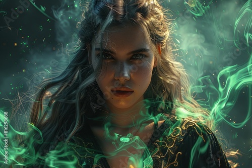 Golden-Detailed Black Robed Sorceress Casting Spell under Green Glow