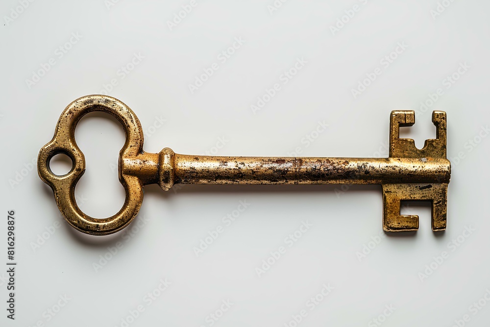 A close up of a golden key on a white surface A close up of a golden key on a white surface