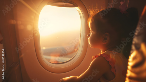 Adorable little girl traveling by an airplane Child sitting by aircraft window and looking outside Traveling with kids abroad Family on summer vacations : Generative AI