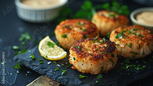 A closeup of Crab cakes with remoulade sauce photo