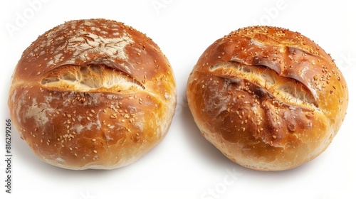 Rustic Ciabatta buns in a top view, crusty exterior and soft inside, ideal for artisanal burgers, isolated and focused for clarity
