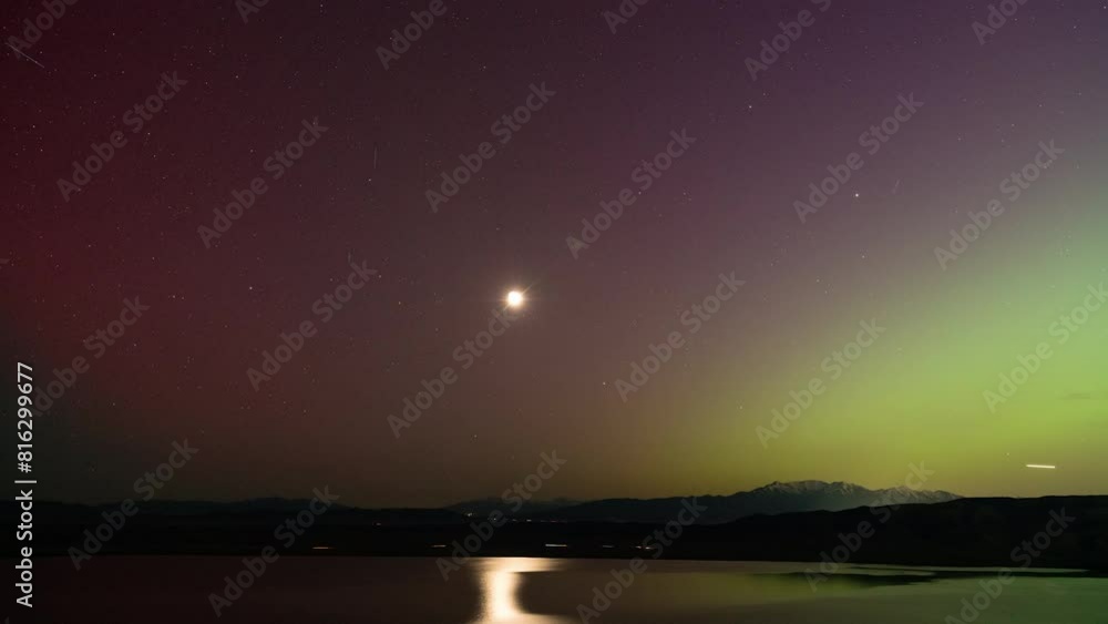 Timelapse of the nights sky over Utah Lake viewing the Northern Lights as the moon reflects in the water. Timelapse of the nights sky over Utah Lake viewing the Northern Lights as the moon reflects in the water.