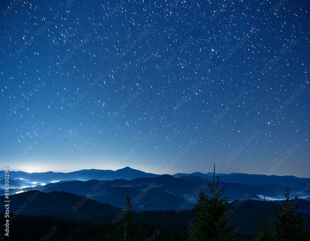 a night sky filled with stars and a mountain range in the distance.
