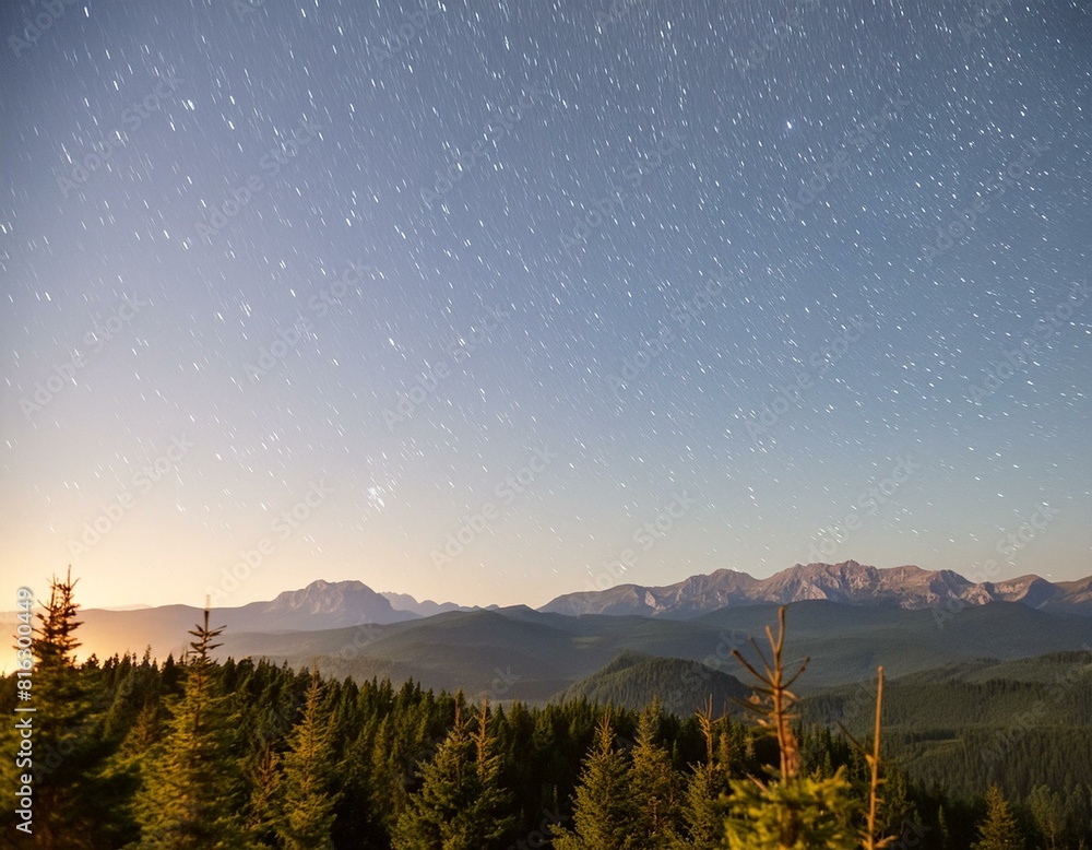 Fototapeta premium a night sky filled with stars and a mountain range in the distance.