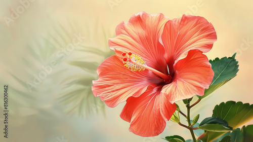 Close-up of a striking red hibiscus flower  highlighted by soft green leaves and a blurred background.