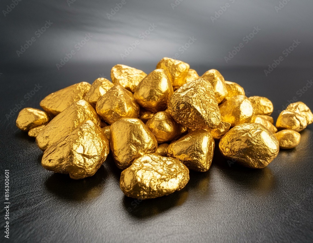 A pile of pure gold nuggets gleaming on a black surface. A pile of pure gold nuggets gleaming on a black surface.