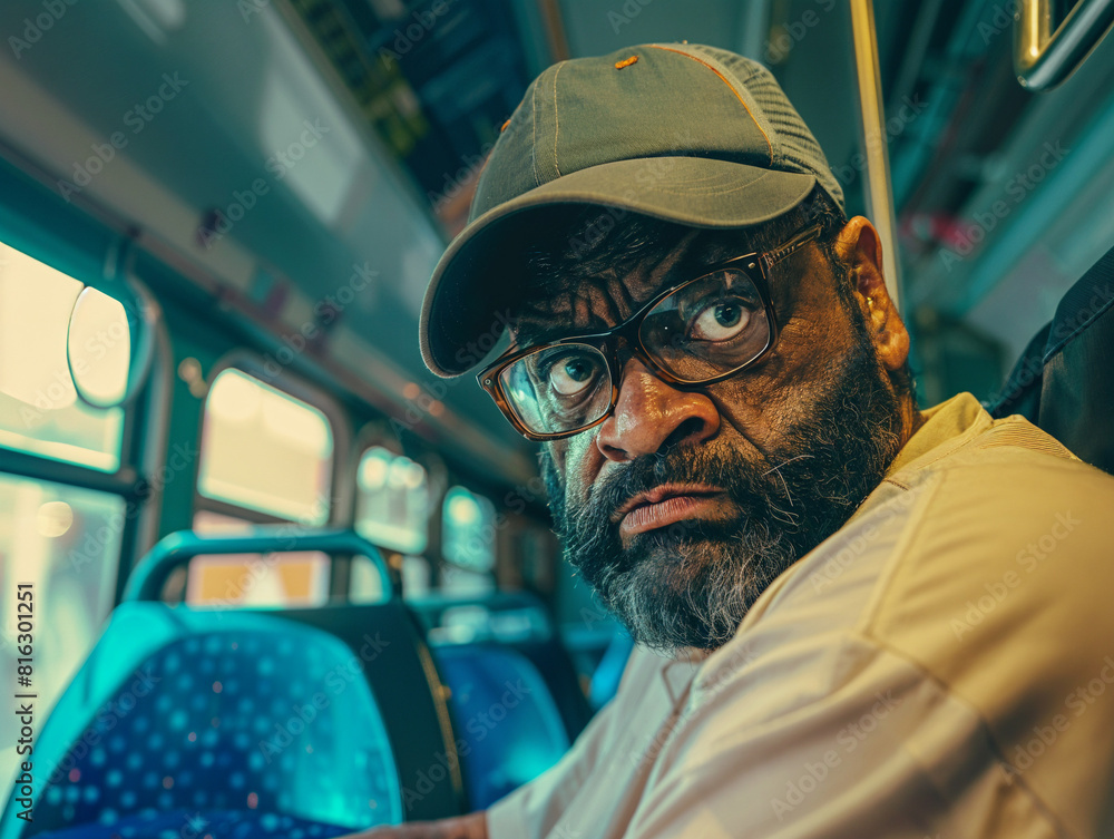 Grumpy senior man driving school bus
Grumpy senior man driving school bus