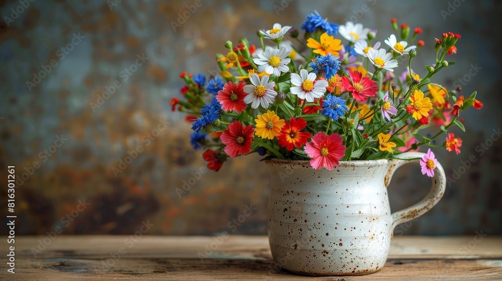 Vibrant wildflowers in rustic vase on wooden table Vibrant wildflowers in rustic vase on wooden table