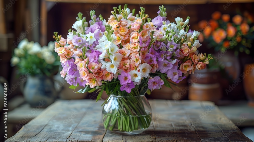 Fresh colorful bouquet on wooden table Fresh colorful bouquet on wooden table