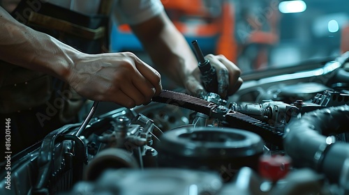 A mechanic adjusting the timing belt tension of a compact hatchback.