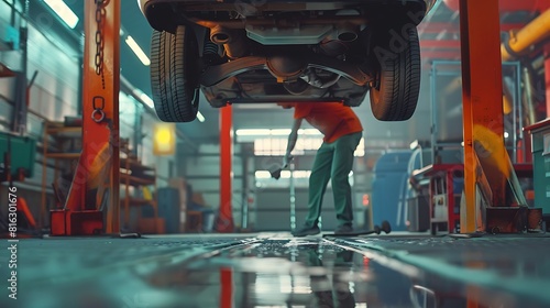 A mechanic changing the transmission fluid on a hydraulic lift.