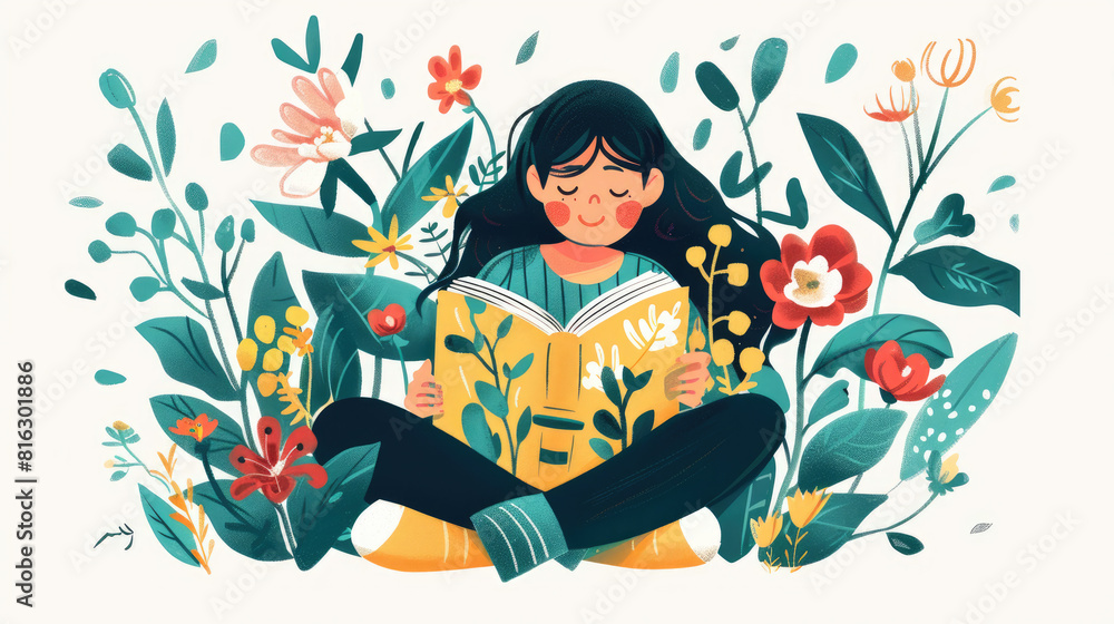 A Girl Enjoying Book with Floral Background A Girl Enjoying Book with Floral Background