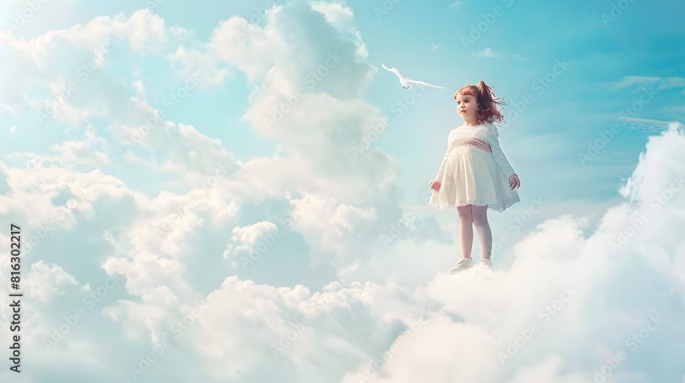 Flight on the cloud Creative contemporary collage with little girl standing on white cloud and flying Concept of childhood happiness dreams travels ad and fantasy Copy space for ad des : Generative AI Flight on the cloud Creative contemporary collage with little girl standing on white cloud and flying Concept of childhood happiness dreams travels ad and fantasy Copy space for ad des : Generative AI