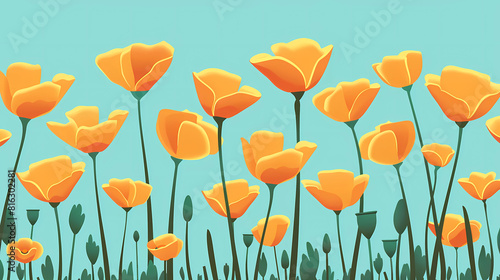 Flat illustration of orange and yellow field of poppies © Graphic Resources