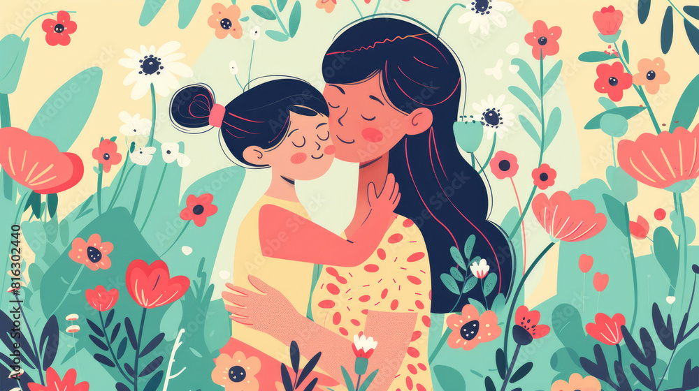 Mother's Day Celebration, Mom Hugging Daughter with Flowers Mother's Day Celebration, Mom Hugging Daughter with Flowers