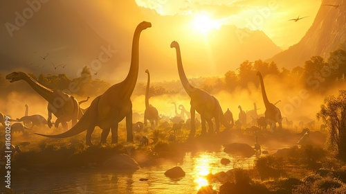 A scene depicting a Brachiosaurus herd migrating through a misty prehistoric valley  their towering forms casting long shadows in the early morning light  Close up
