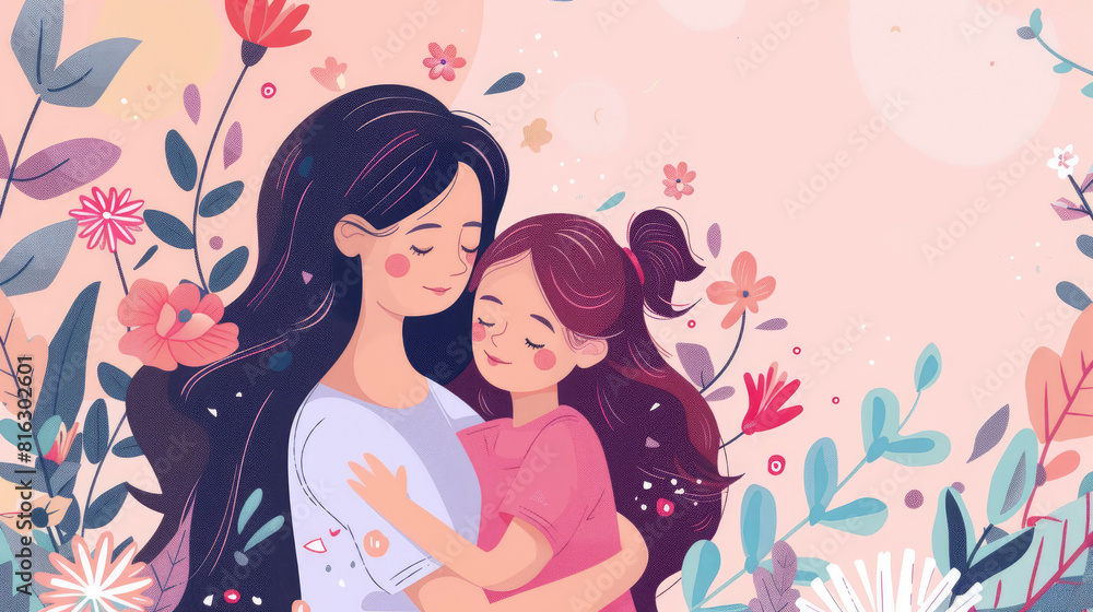 Mother's Day Celebration, Mom Hugging Daughter with Flowers Mother's Day Celebration, Mom Hugging Daughter with Flowers