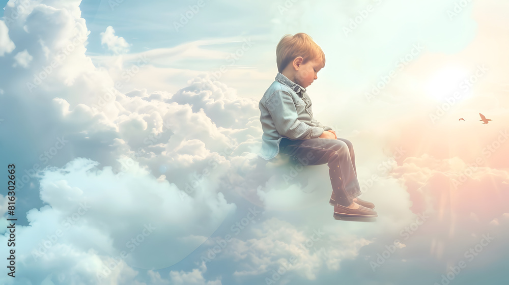 Looking down Creative collage with little preschool boy sitting on white cloud and flying at sky Concept of childhood happiness dreams travels adventure ad See the world by childrens e : Generative AI Looking down Creative collage with little preschool boy sitting on white cloud and flying at sky Concept of childhood happiness dreams travels adventure ad See the world by childrens e : Generative AI