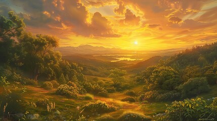 Leinwandbilder Honigfarbe A serene landscape painting, executed in the classical realism tradition, depicting a golden sunset over a lush, verdant valley, Close up  © Nawarit