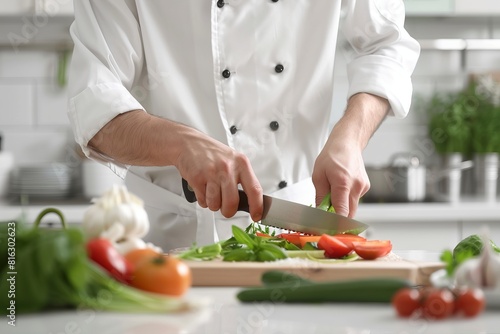 A chef is cutting vegetables on a cutting board