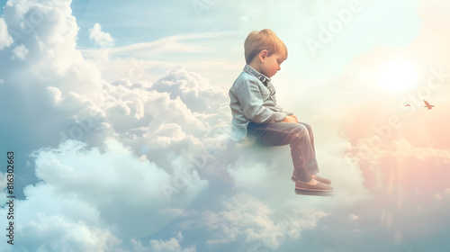 Looking down Creative collage with little preschool boy sitting on white cloud and flying at sky Concept of childhood happiness dreams travels adventure ad See the world by childrens e : Generative AI photo