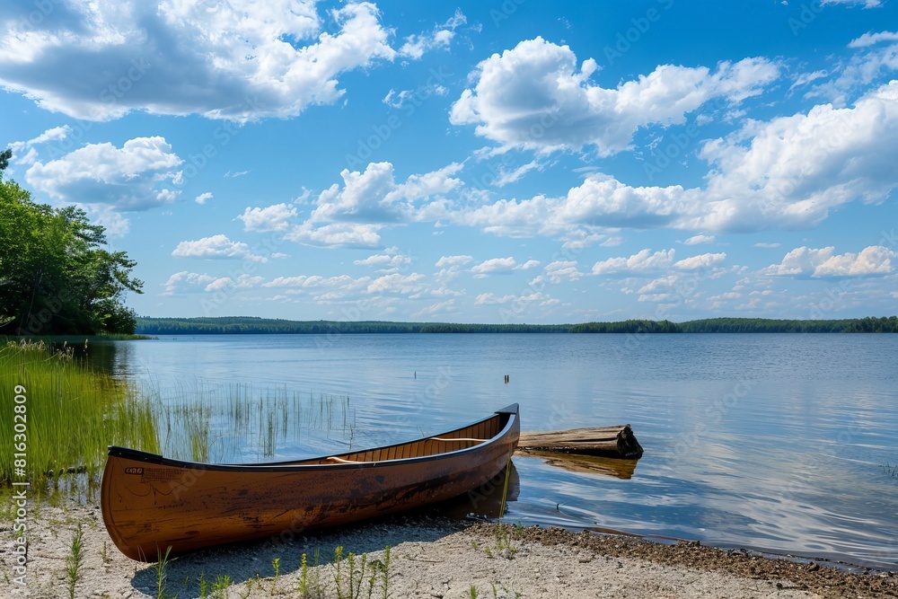 A canoe is sitting on the shore of a lake A canoe is sitting on the shore of a lake