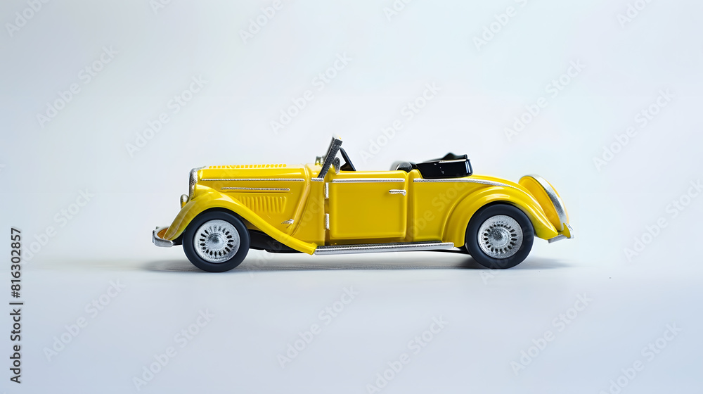 Model of yellow retro toy car cabriolet on a white background Miniature car side view : Generative AI Model of yellow retro toy car cabriolet on a white background Miniature car side view : Generative AI