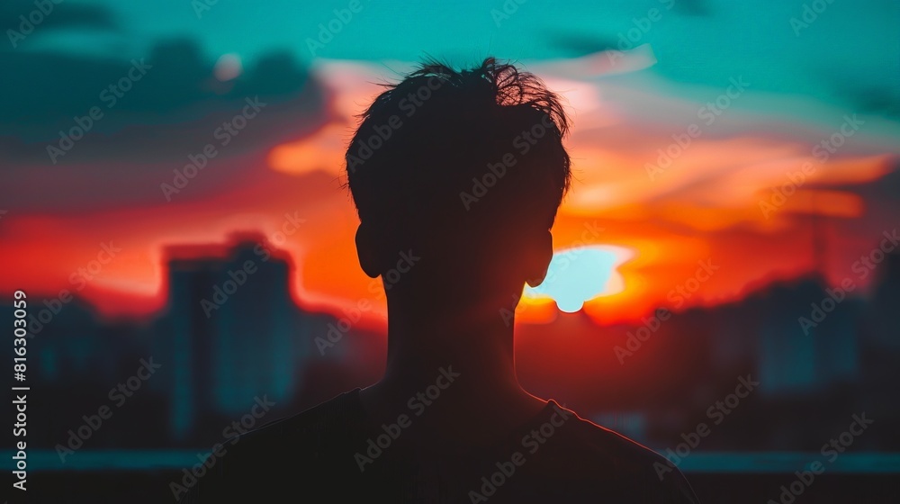 A man is standing in front of a city skyline with a sunset in the background A man is standing in front of a city skyline with a sunset in the background
