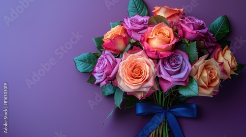Bouquet of flowers with blue rope on purple background