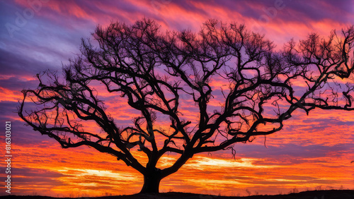 the silhouette of a solitary tree standing tall against the backdrop of a colorful sunset sky. The tree s branches extend outward  creating a striking contrast against the warm hues of the setting sun