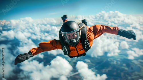 A man in an orange jumpsuit is flying through the air