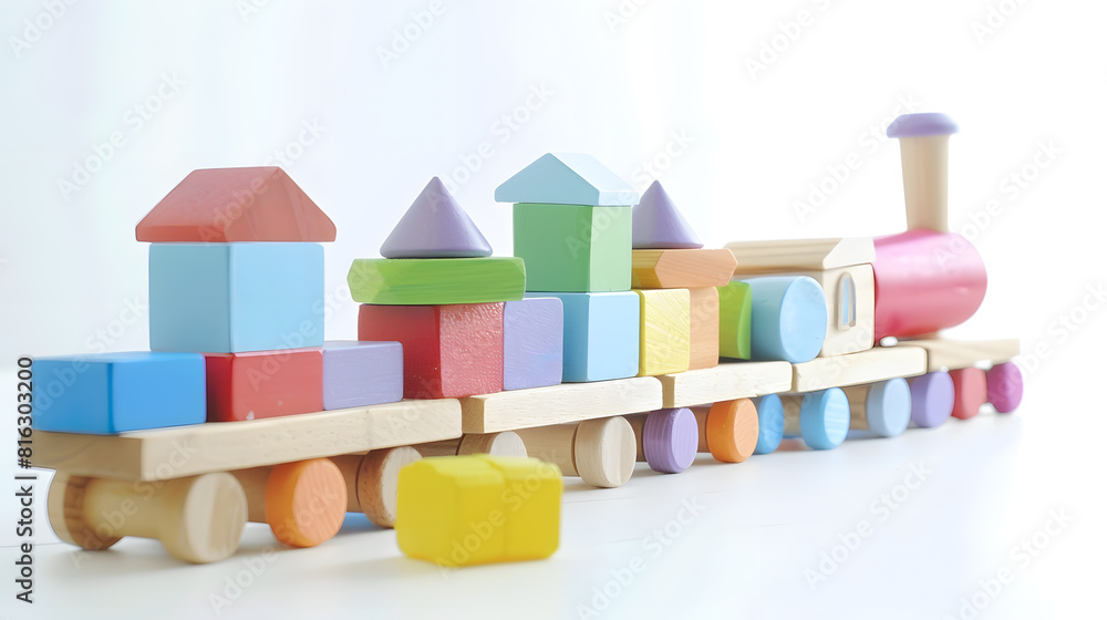 Fototapeta premium Wooden toy train with colorful blocks isolated white background Early childhood education learning to count preschool and kids game concept : Generative AI