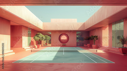 surreal dreamy aesthetic tennis court, with views to the sea, pale pink and water colors, Luis Barragan style photo