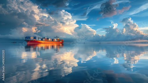 Cargo Ship with Containers Awaiting Transport Under Cloudy Blue Sky